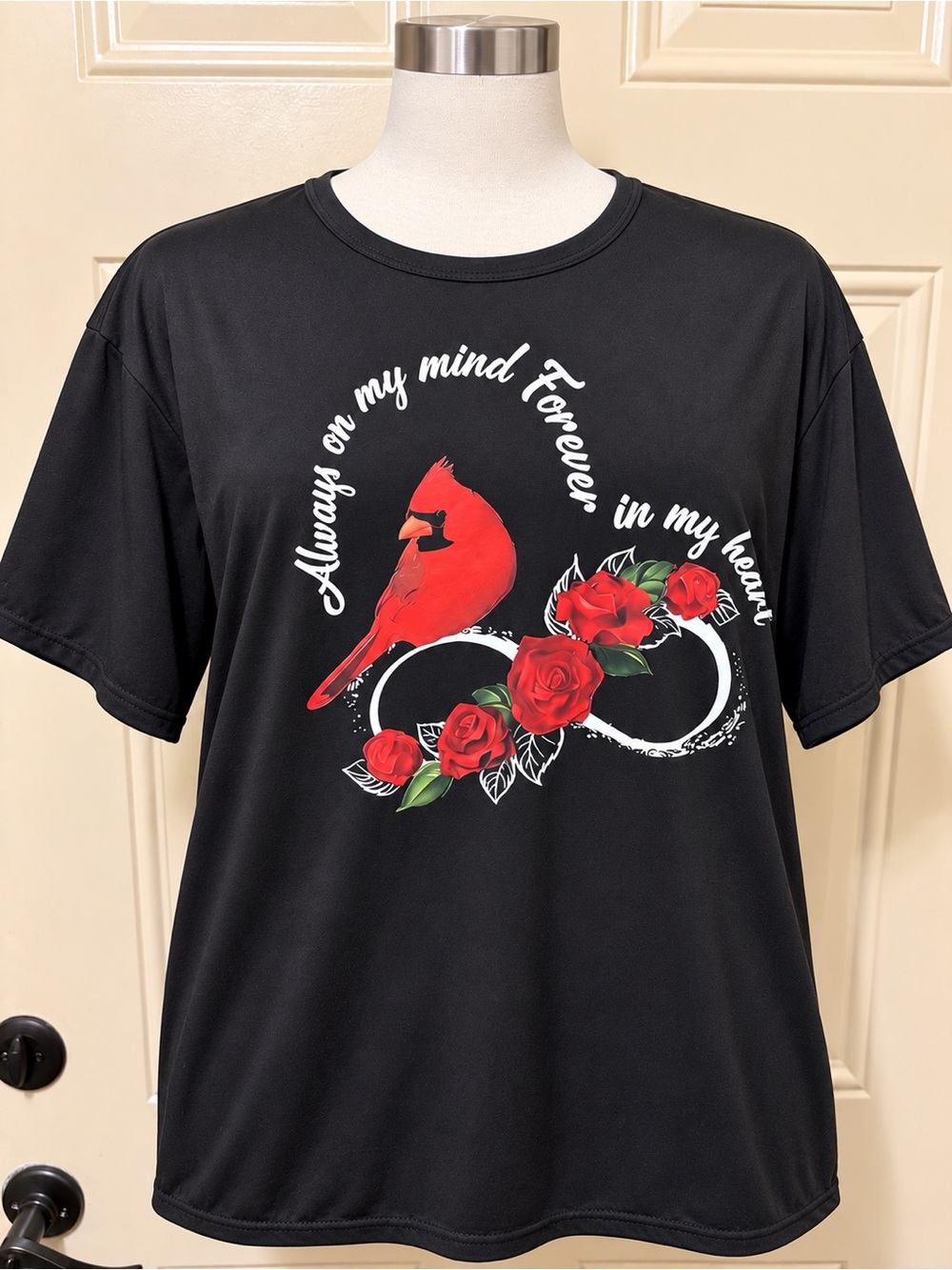 Black T-Shirt with Red Cardinal & Roses - Forever in My Heart Size 3XL